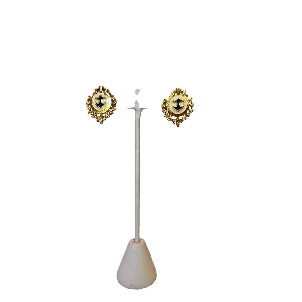 Vintage Gold Tone Ivory Enamel Anchor Nautical Pierced Earrings